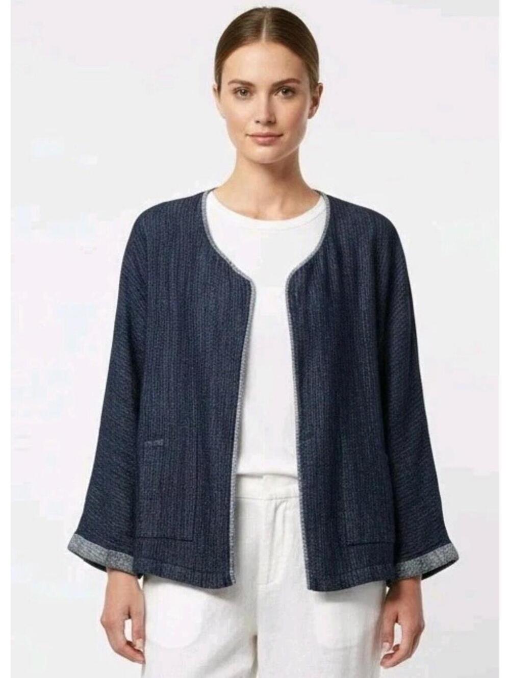 Eileen Fisher Kimono Jacket Chambray Indigo Blue Open Mi Lagenlook Boho L